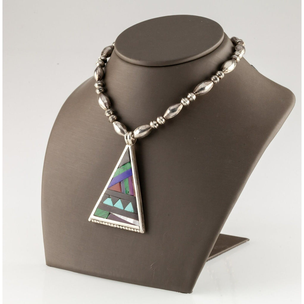 Gorgeous Sterling Silver Lapidary Inlay Pendant with Silver Bead Chain