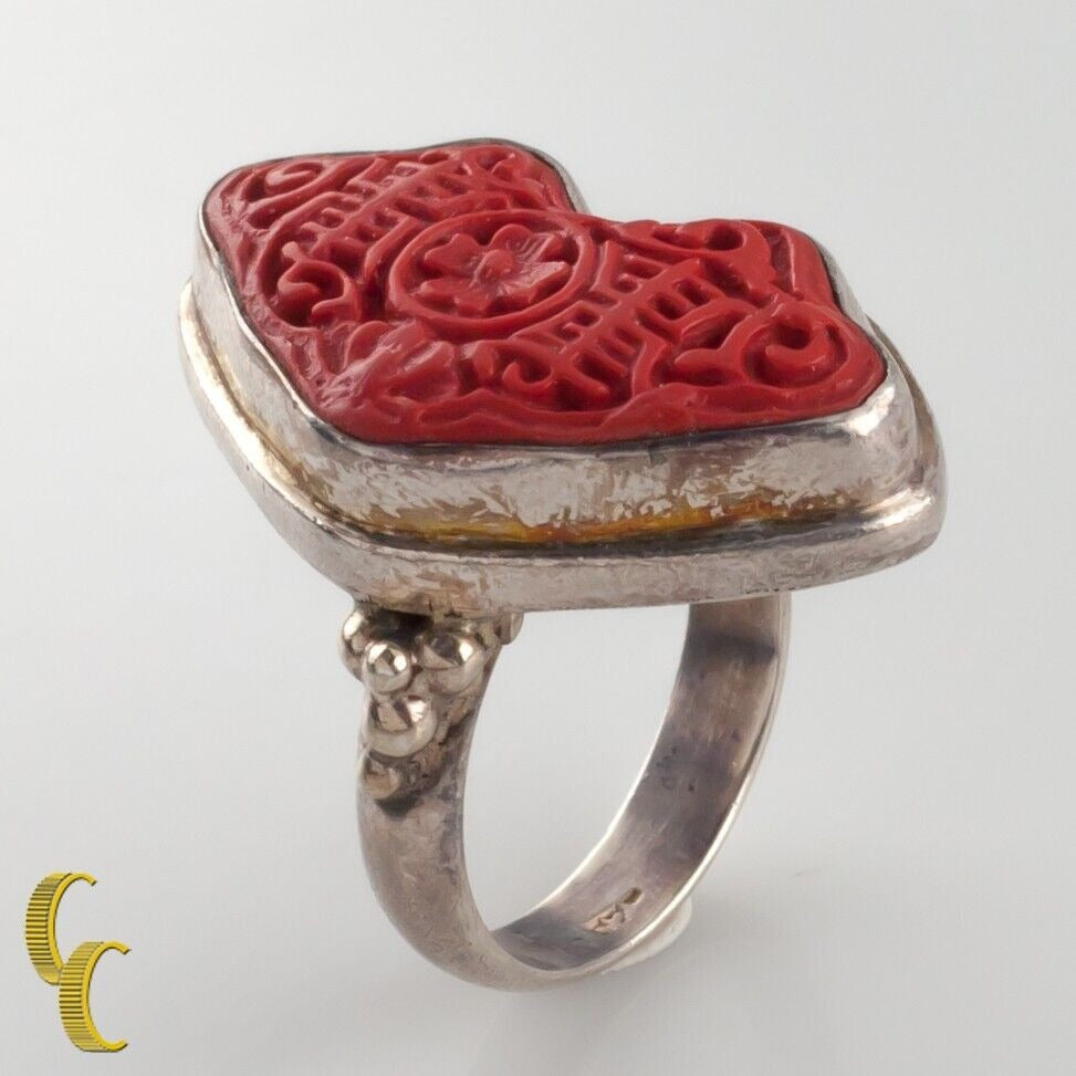 Sterling Silver Cinnabar Cocktail Ring Size 9.5 Gorgeous!