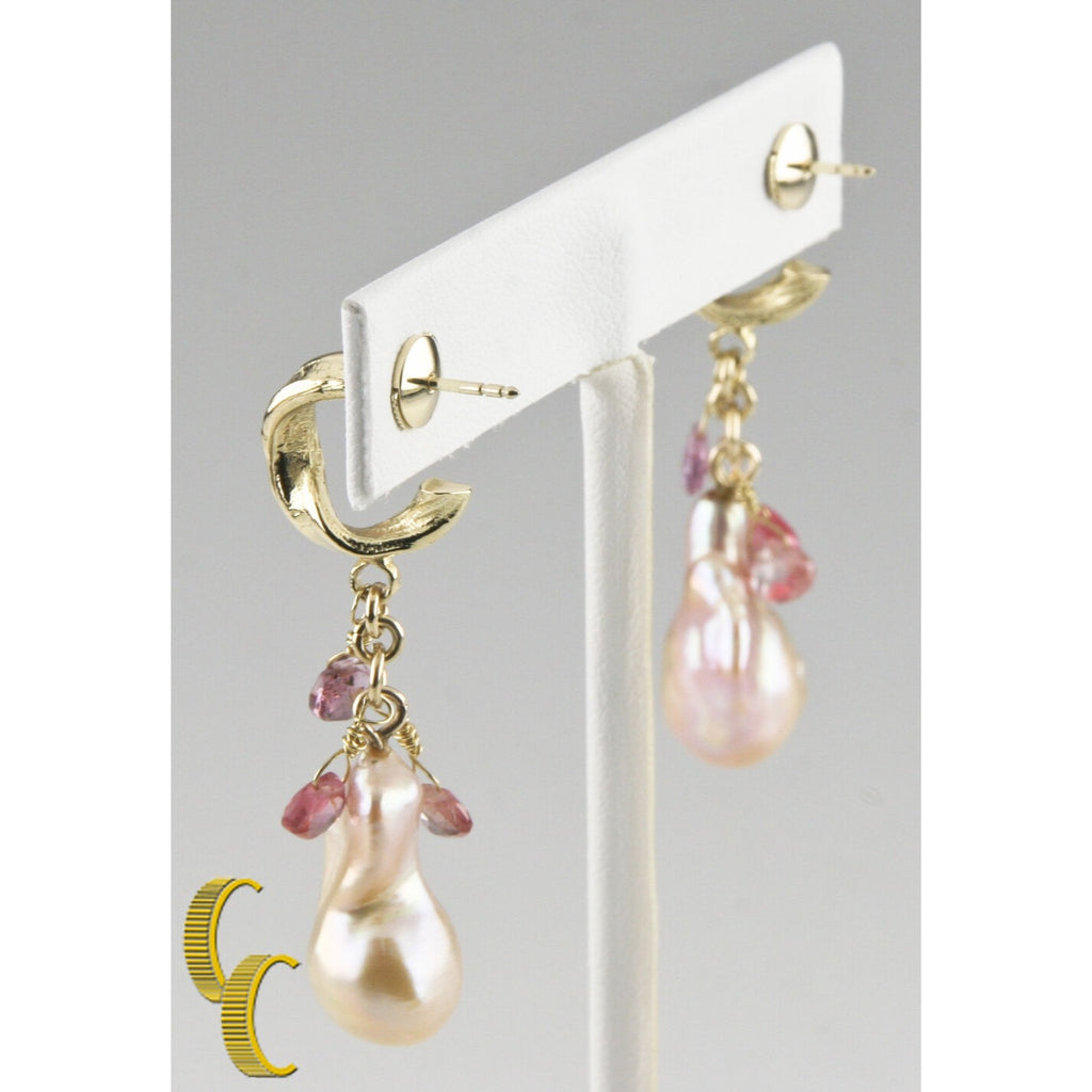 Baroque Pink Pearl and Briolette Gemstone 14k Yellow Gold Dangle Earrings