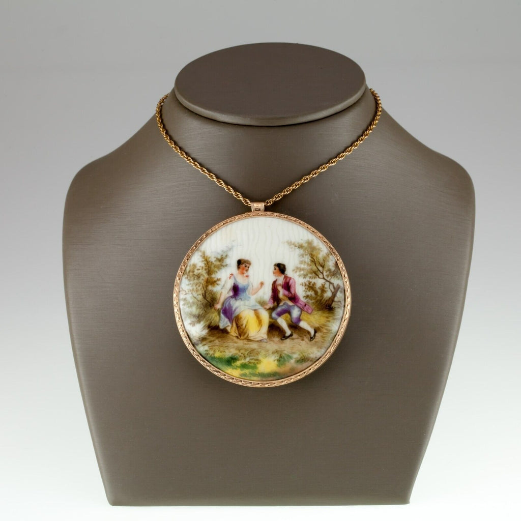 Unique Victorian Hand Painted Porcelain Pendant in 14k Yellow Gold Frame 57mm
