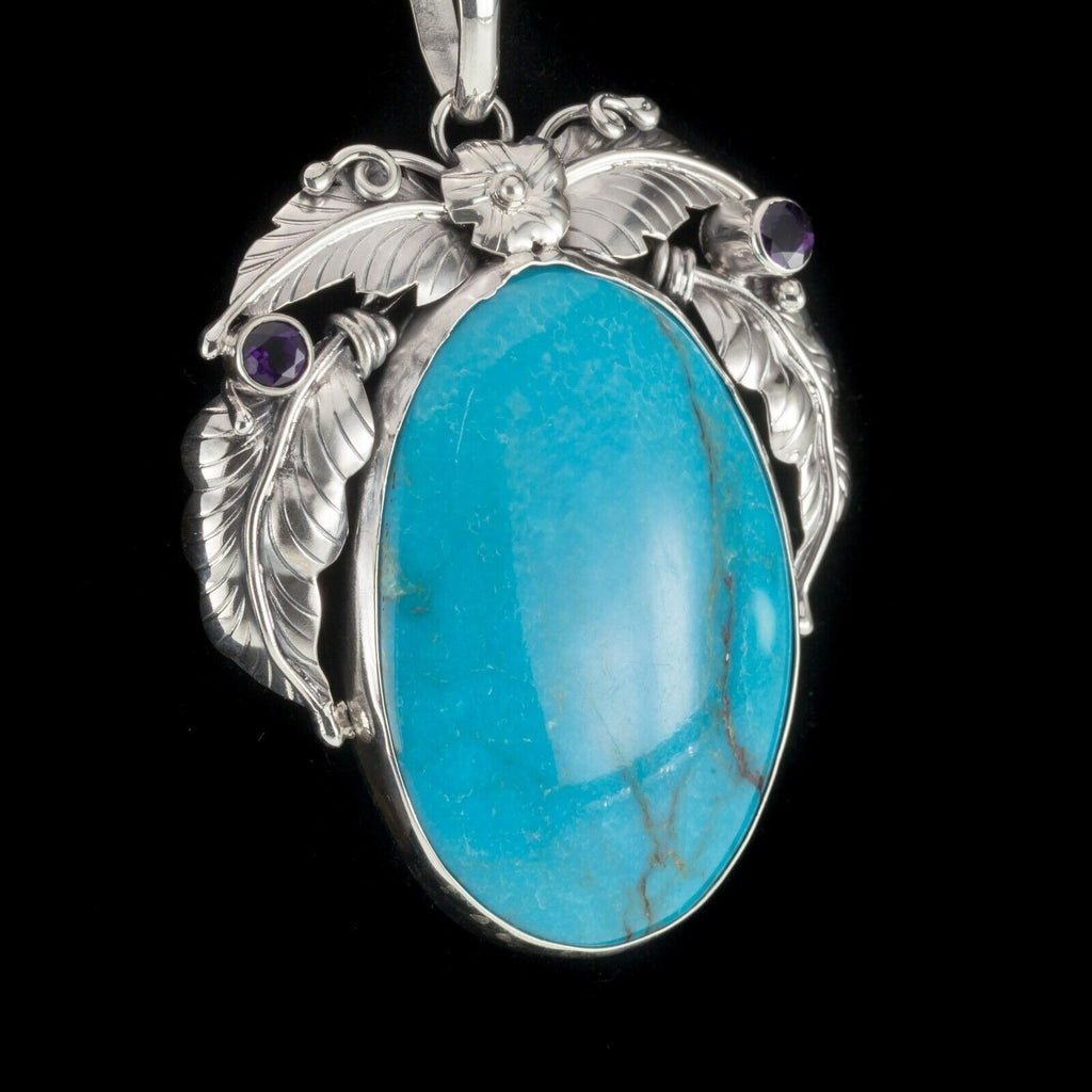 Amazing Turquoise & Amethyst Sterling Silver Pendant Set on a Floral Frame