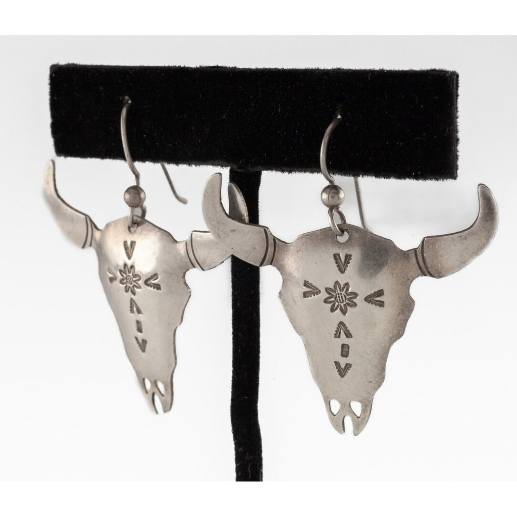 ELWOOD M. REYNOLDS Native American Steer Skull Earrings in Sterling