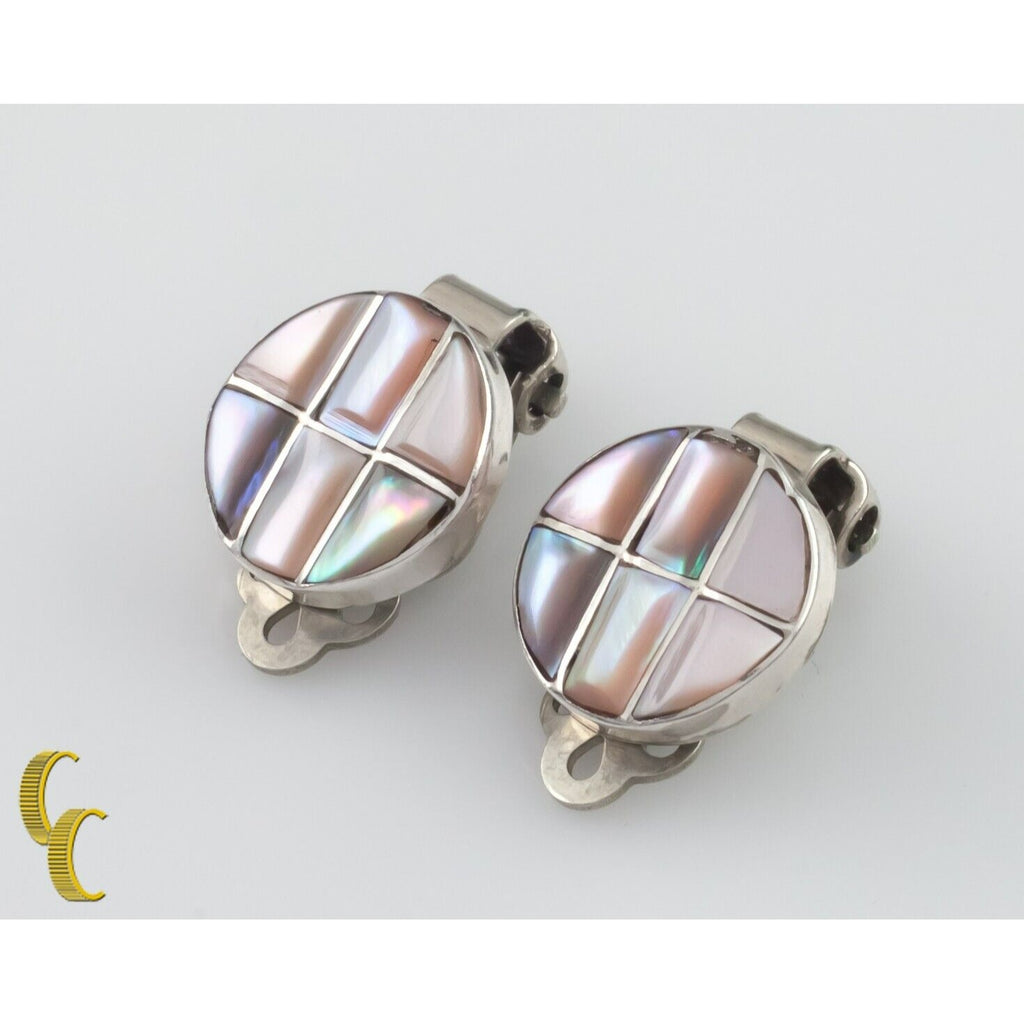 Gorgeous Mother-of-Pearl Mosaic Disc Huggie Clip-On Earrings in Sterling Silver