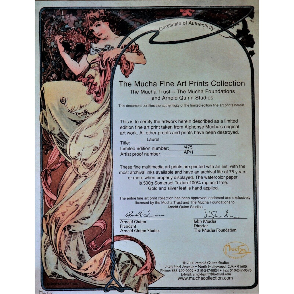 Laurel (1901) by (After)Alphonse Mucha Signed LE Artist Proof AP No.1 Giclée
