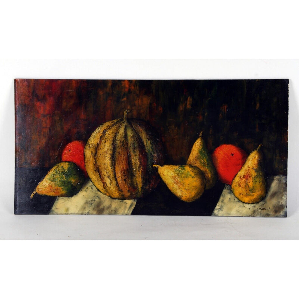 "Fruit on the Table" (1962) by J. Marque, Oil Painting on Board, 12x24
