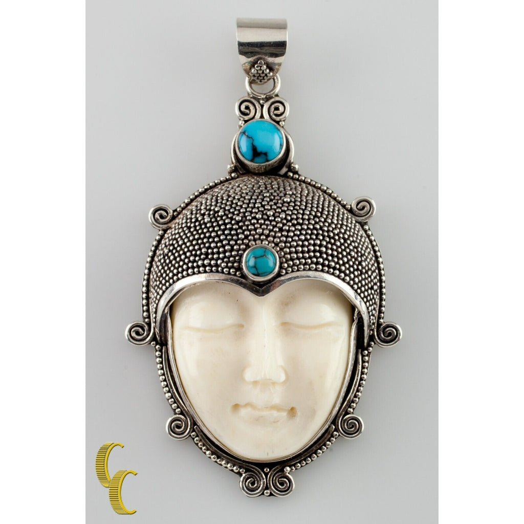 Carved Goddess Set in Sterling Silver w/ Turquoise Stones 65 mm Tall Pendant