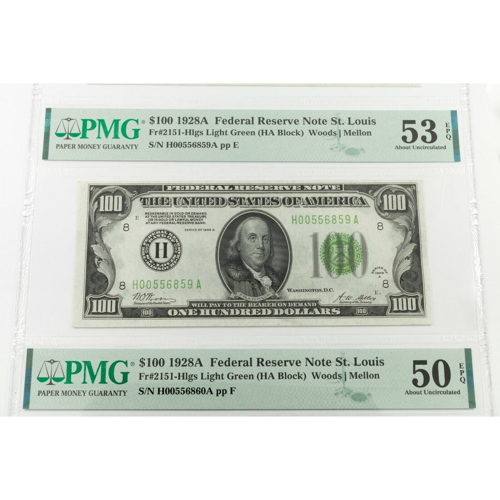 Lot of 3 1928A $100 Federal Reserve Notes Consecutive PMG 50, 53, 50 EPQ