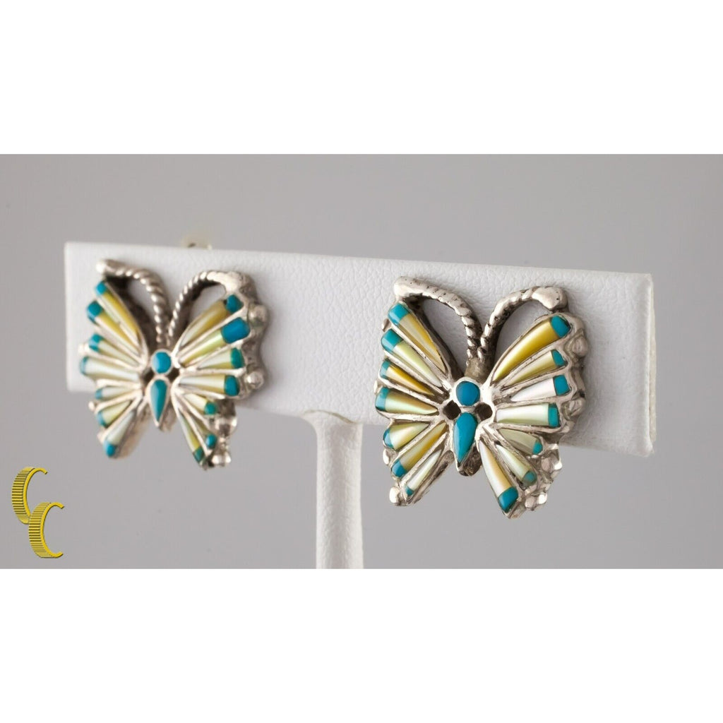 Sterling Silver Butterfly Turquoise and Mother-of-Pearl Inlay Clip-On Earrings