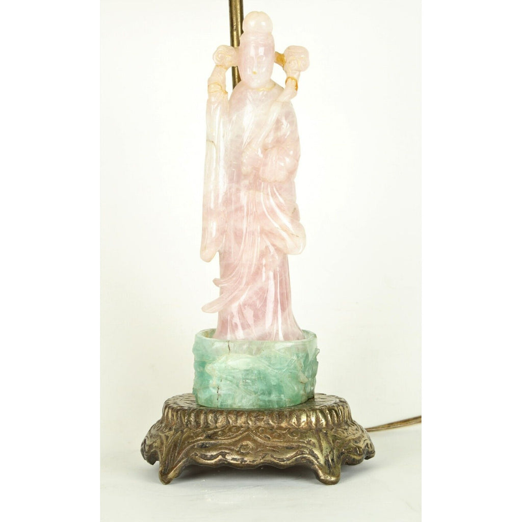 Guanyin Table Lamp 20th Century Chinese Carved Rose Quartz and Green Fluorite