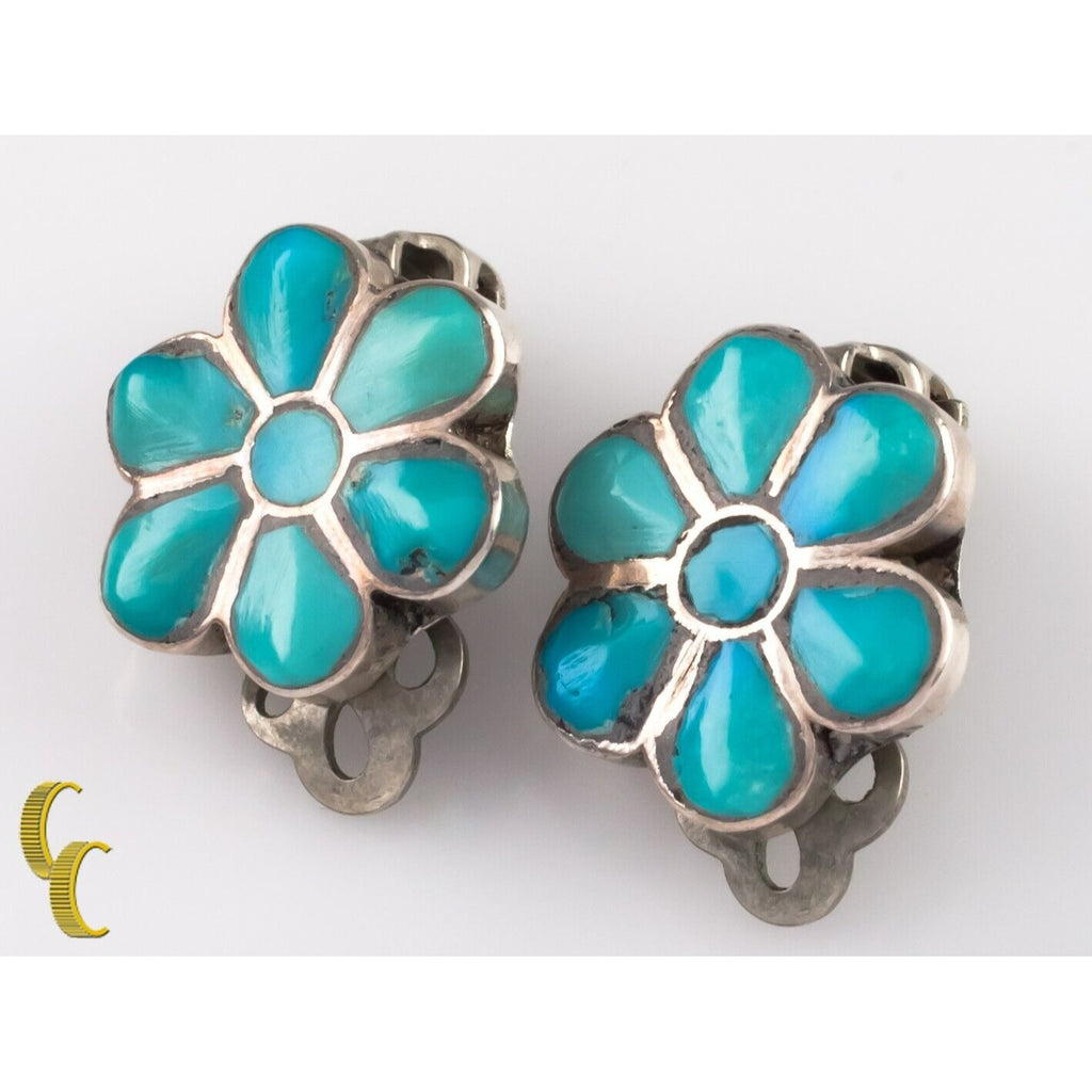 Sterling Silver Turquoise Flower Blossom Lapidary Inlay Clip-On Earrings