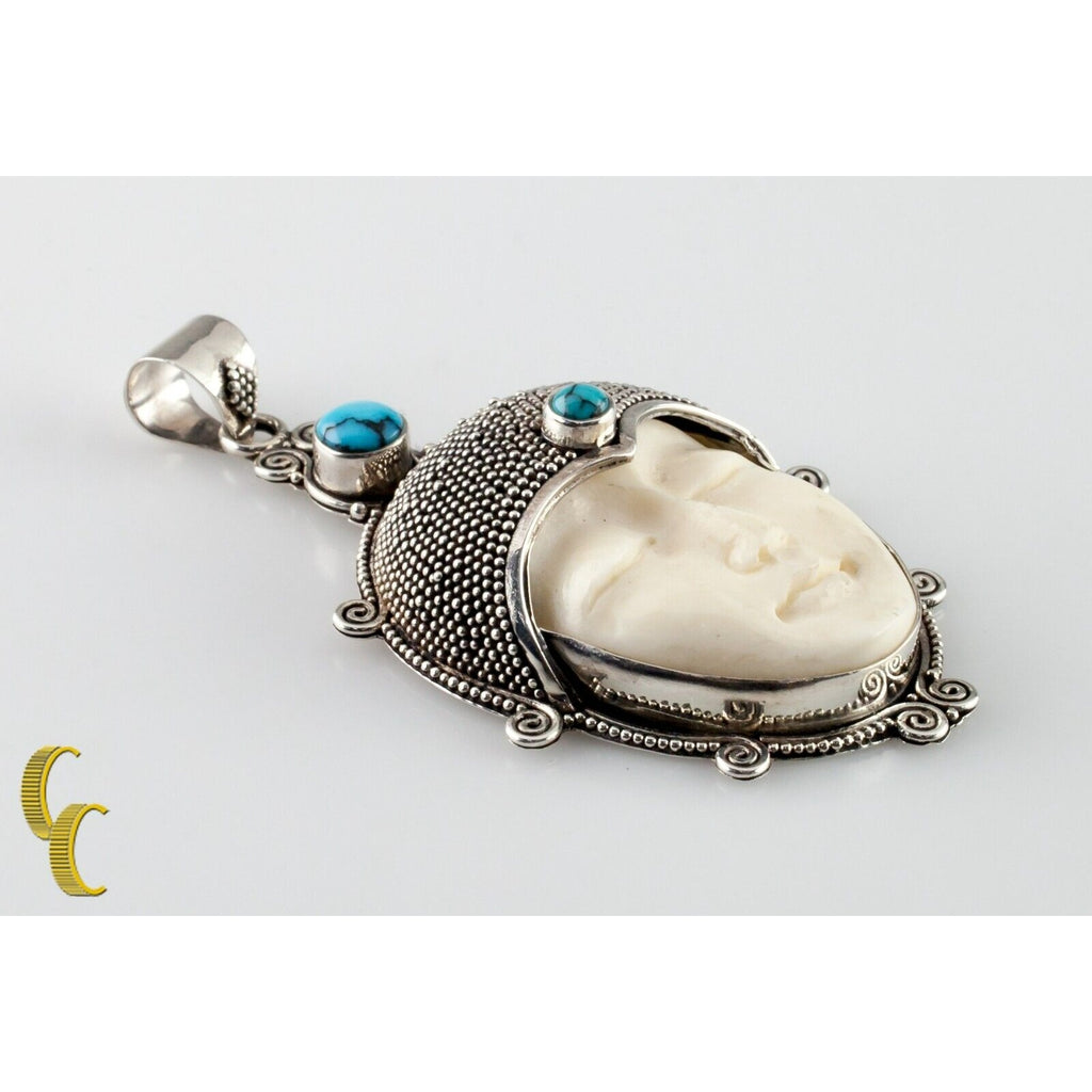 Carved Goddess Set in Sterling Silver w/ Turquoise Stones 65 mm Tall Pendant