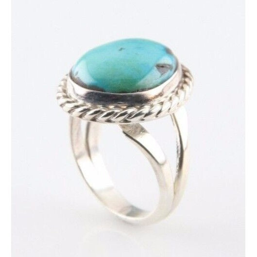 Vintage Women's Silver Ring with Blue-Green Turquoise Cabochon (Size 4-1/2)
