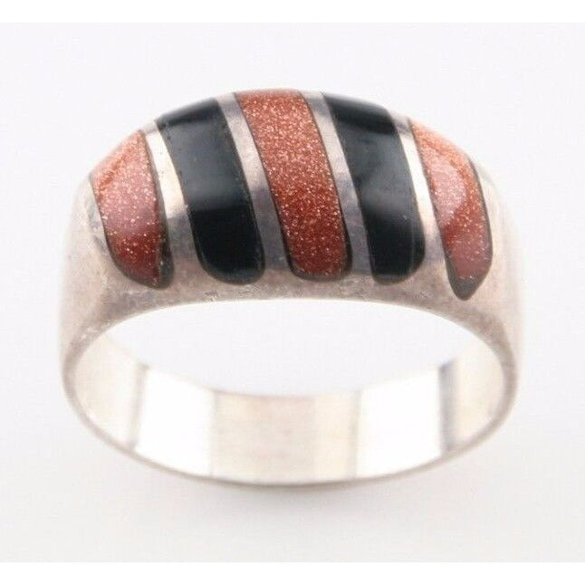 Vintage Sterling Silver Ring with Inlayed Onyx & Red Goldstone (Size 8.5)