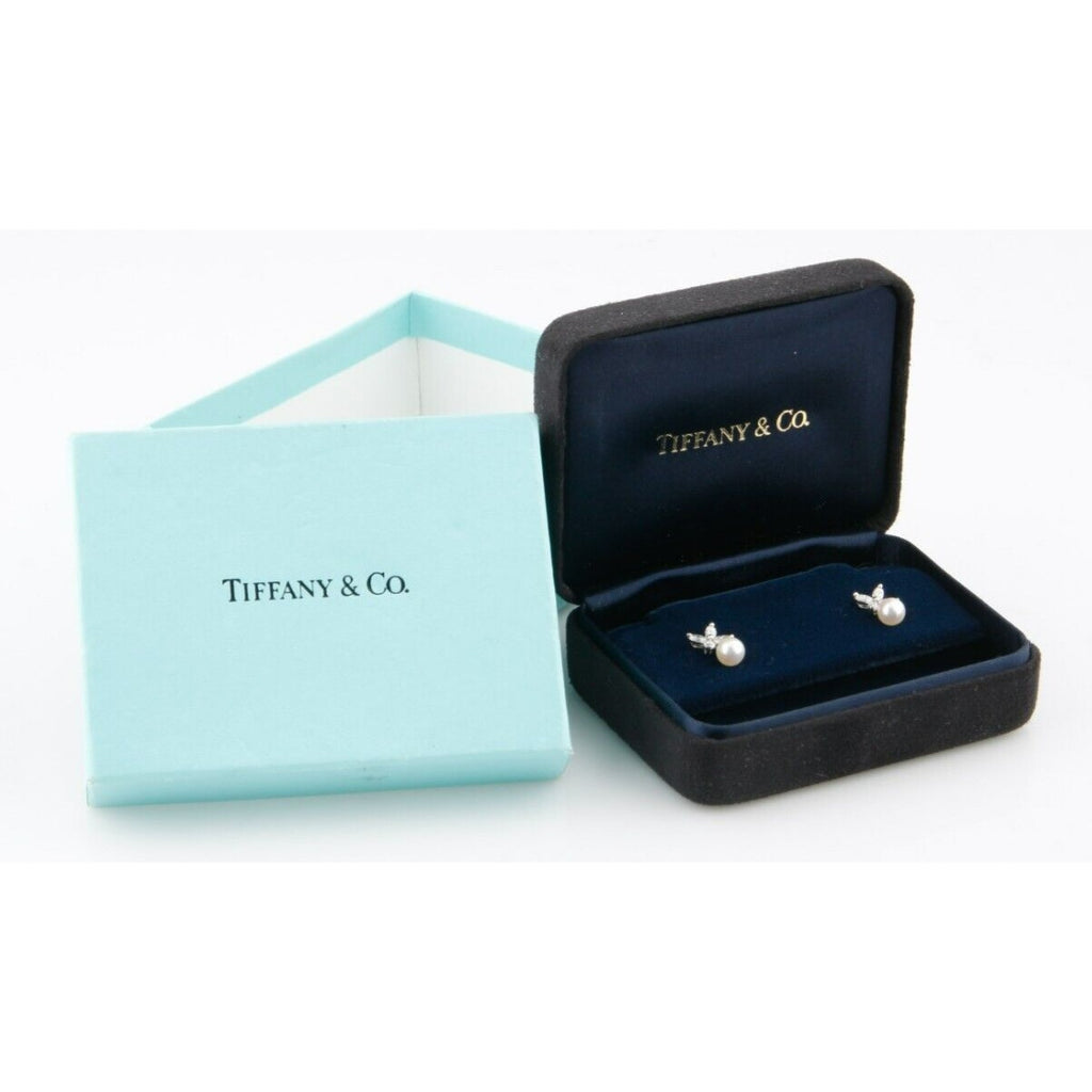 Tiffany & Co. Platinum Victoria Marquise Diamond and Pearl Stud Earrings w/ Box