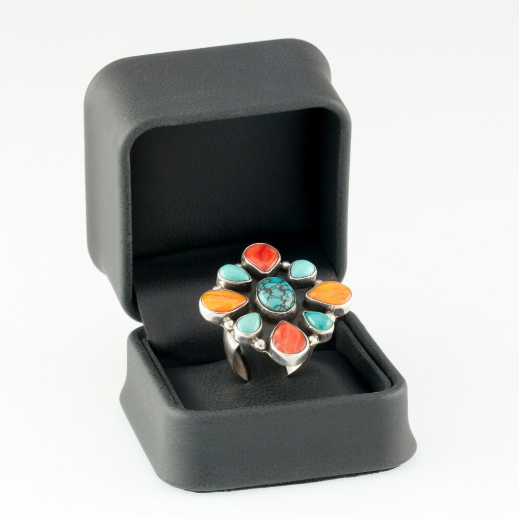 Handmade Turquoise & Orange Spiny Oyster Cluster Sterling Ring Signed!