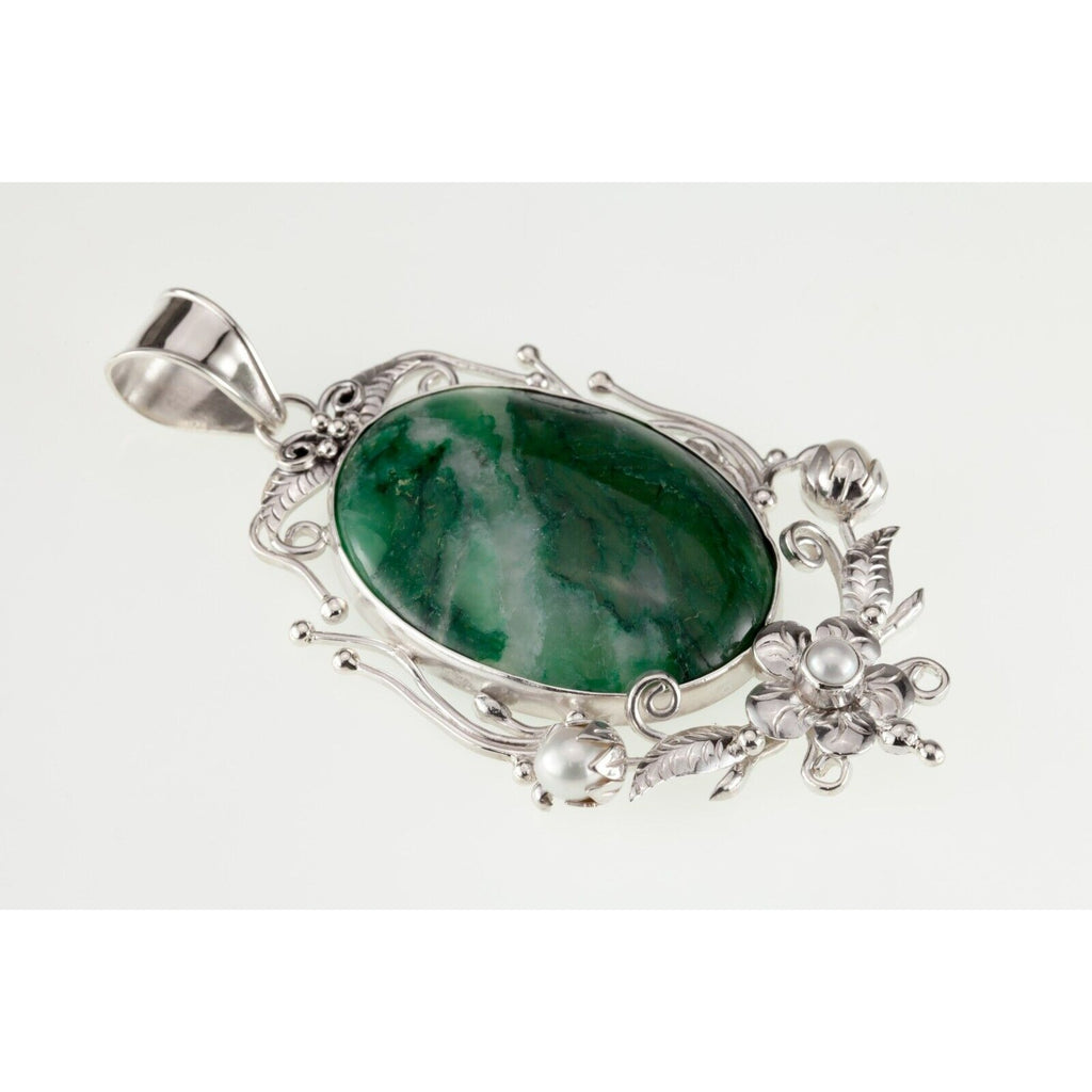 Green Jade & Pearl Sterling Silver Pendant Set on a Floral Frame 80mm Tall