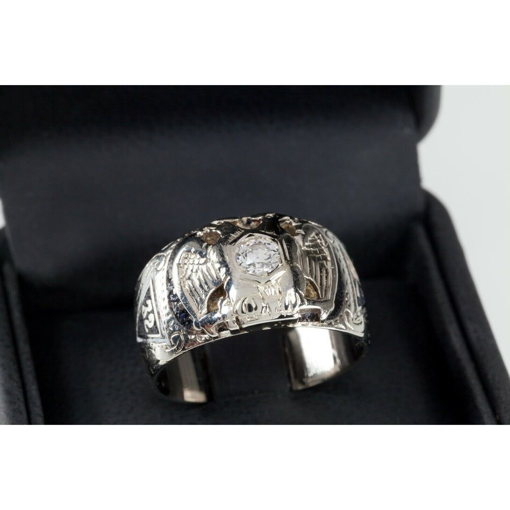 14k White Gold 32nd Degree Mason Eagle Diamond Ring with Enamel Size 11.5