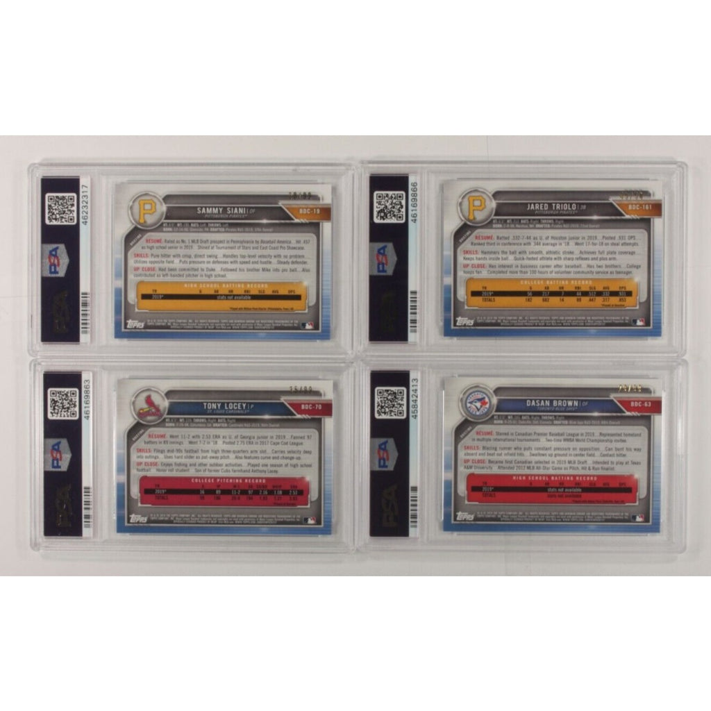 Lot Of 4 PSA 10 2019 Bowman Chrome Draft Sapphire Locey, Siani, Triolo, Brown