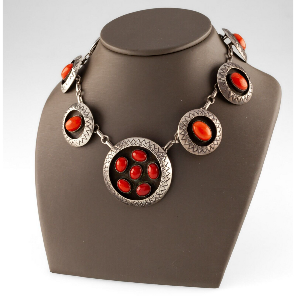 Navajo Sterling Silver Coral Shadowbox Necklace & Cuff Bracelet Set 85g
