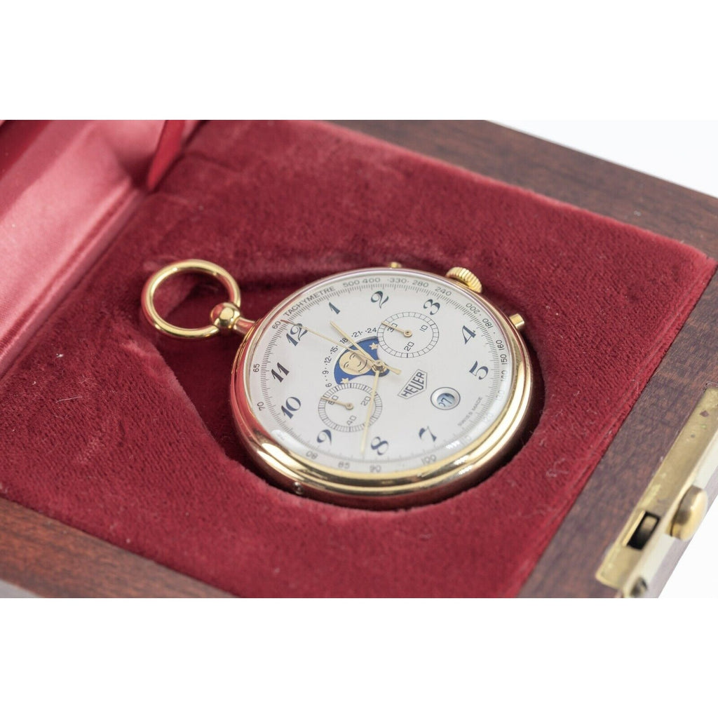 Heuer Gold-Plated Moonphase Gold-Plated Pocket Watch w/ Box and Papers