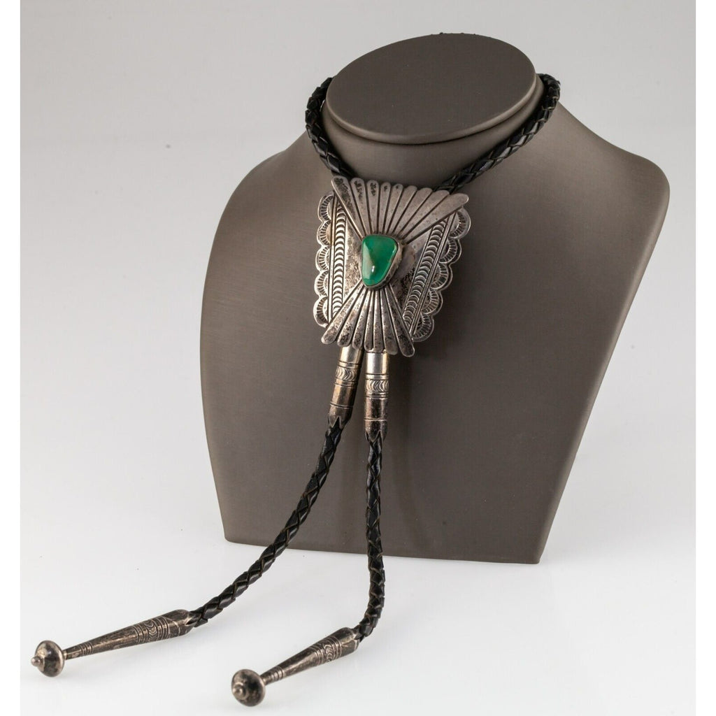 Sterling Silver Turquoise Bolo Tie with Stranded Leather Strap and Silver Aglets