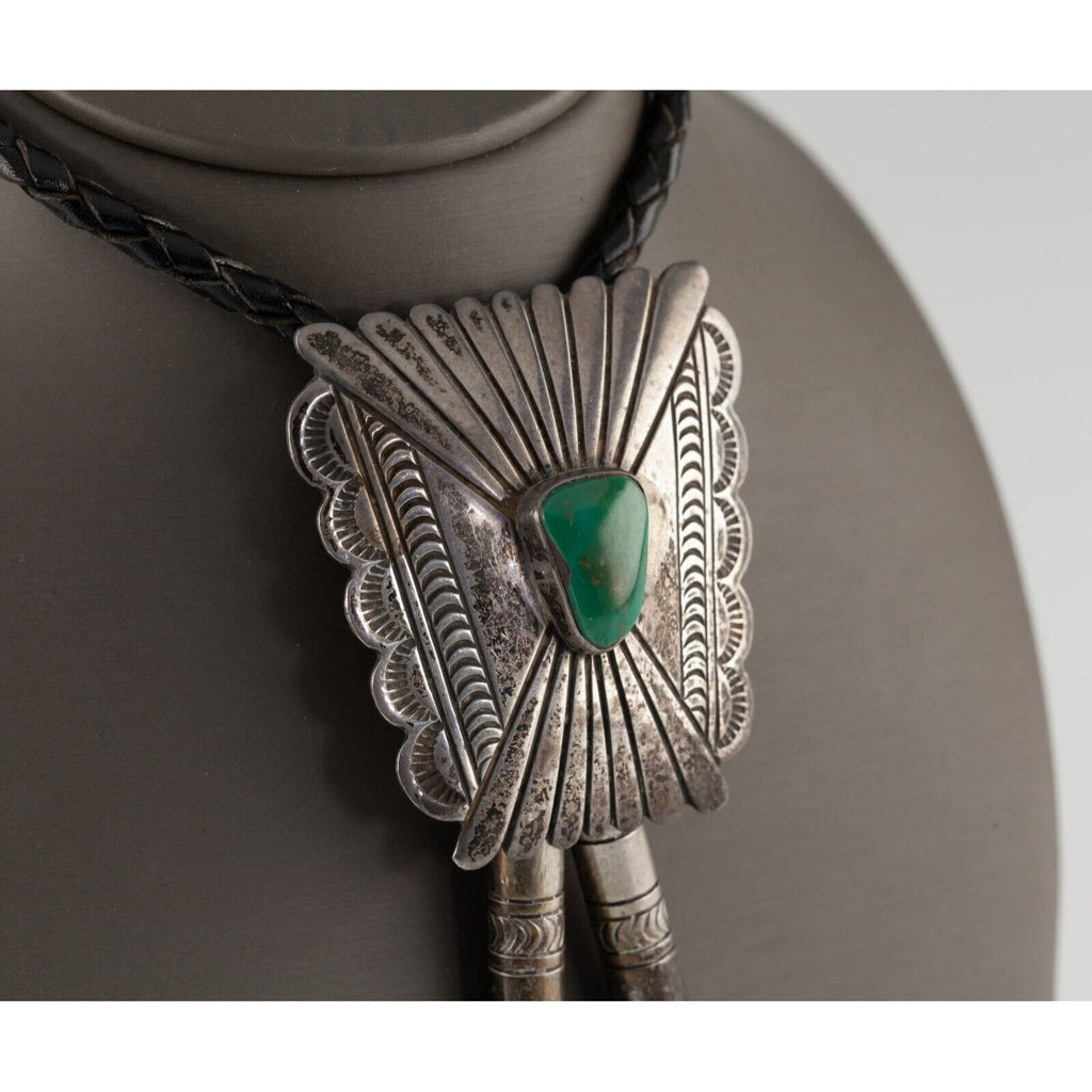 Sterling Silver Turquoise Bolo Tie with Stranded Leather Strap and Silver Aglets