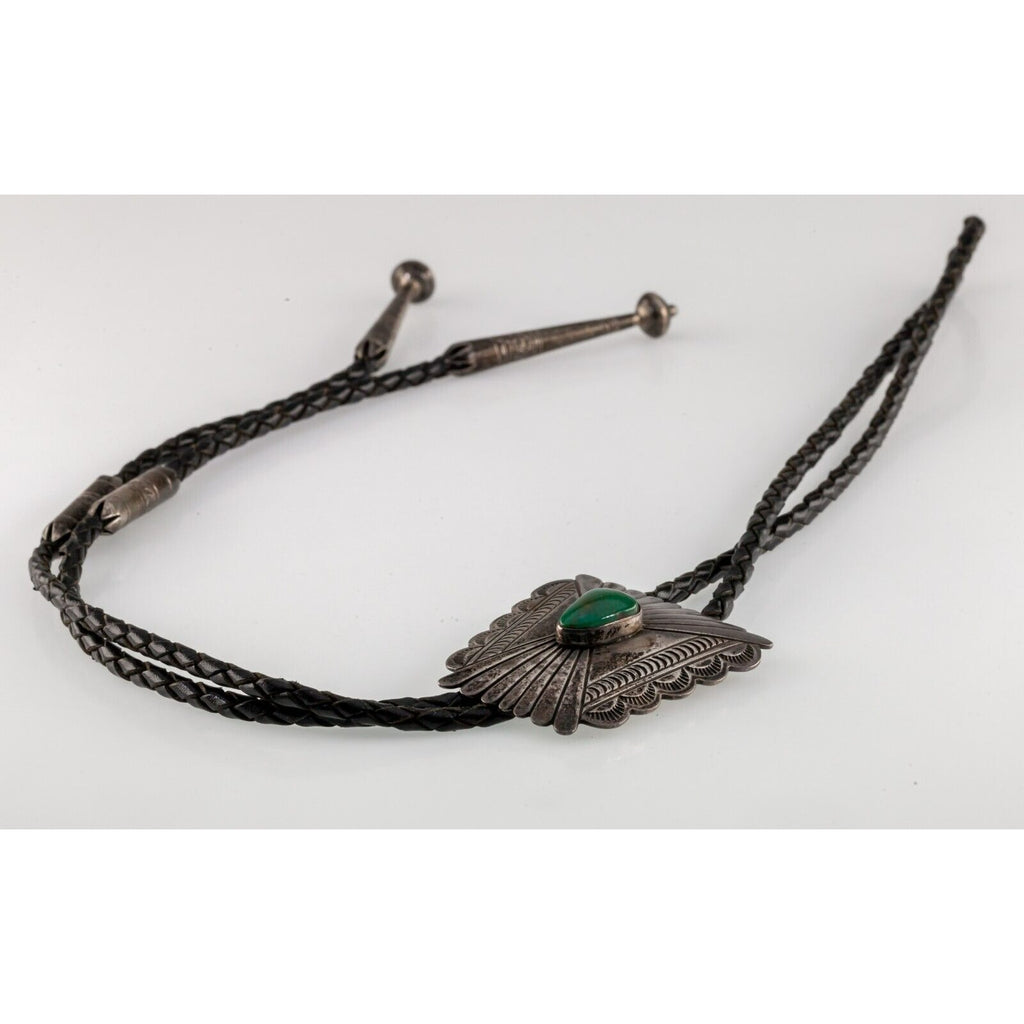 Sterling Silver Turquoise Bolo Tie with Stranded Leather Strap and Silver Aglets