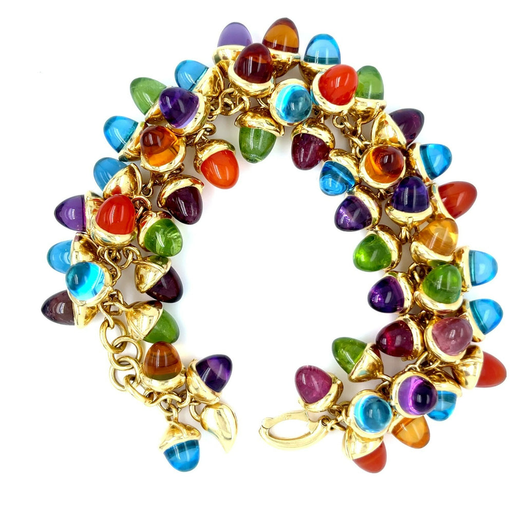18k Yellow Gold Multi-Gem Acorn Charm Cabochon Bracelet 8" 136.6g