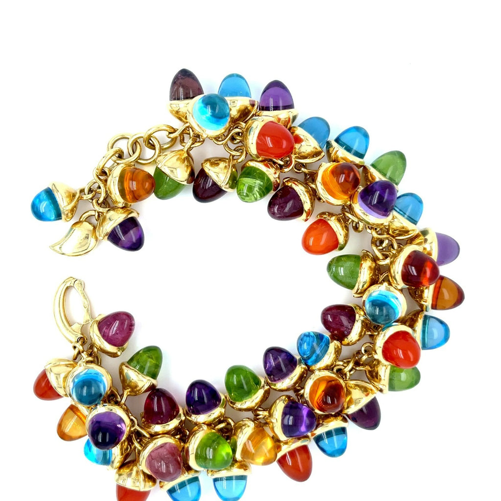 18k Yellow Gold Multi-Gem Acorn Charm Cabochon Bracelet 8" 136.6g