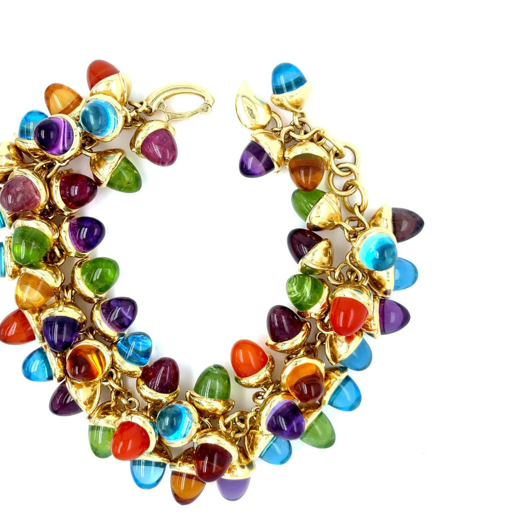 18k Yellow Gold Multi-Gem Acorn Charm Cabochon Bracelet 8" 136.6g