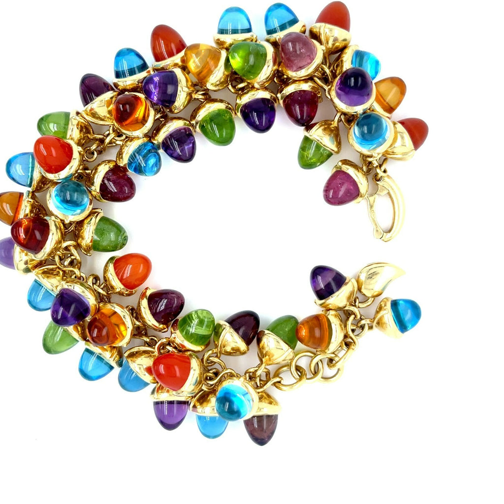 18k Yellow Gold Multi-Gem Acorn Charm Cabochon Bracelet 8" 136.6g
