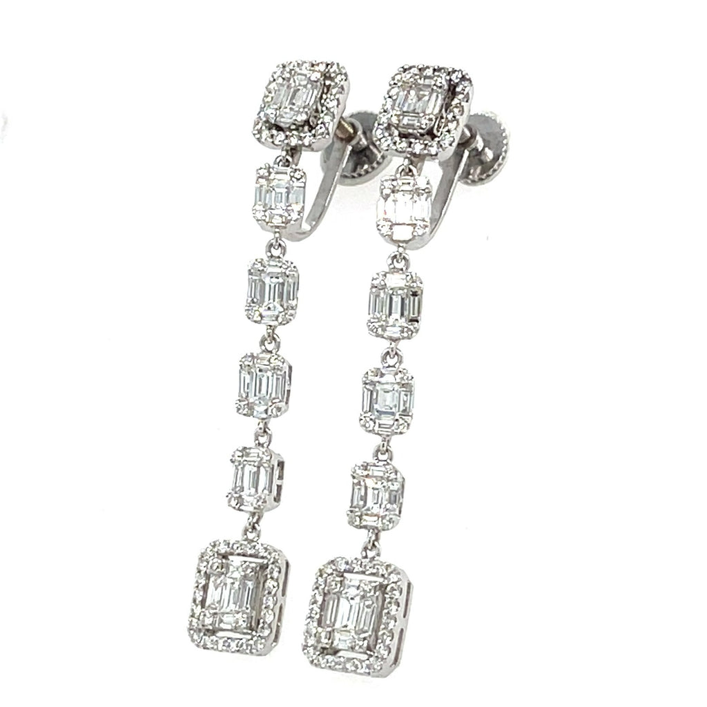 14k White Gold Clip-On Screwback Dangle Earrings w/ 4cts Baguette & Round Diamonds