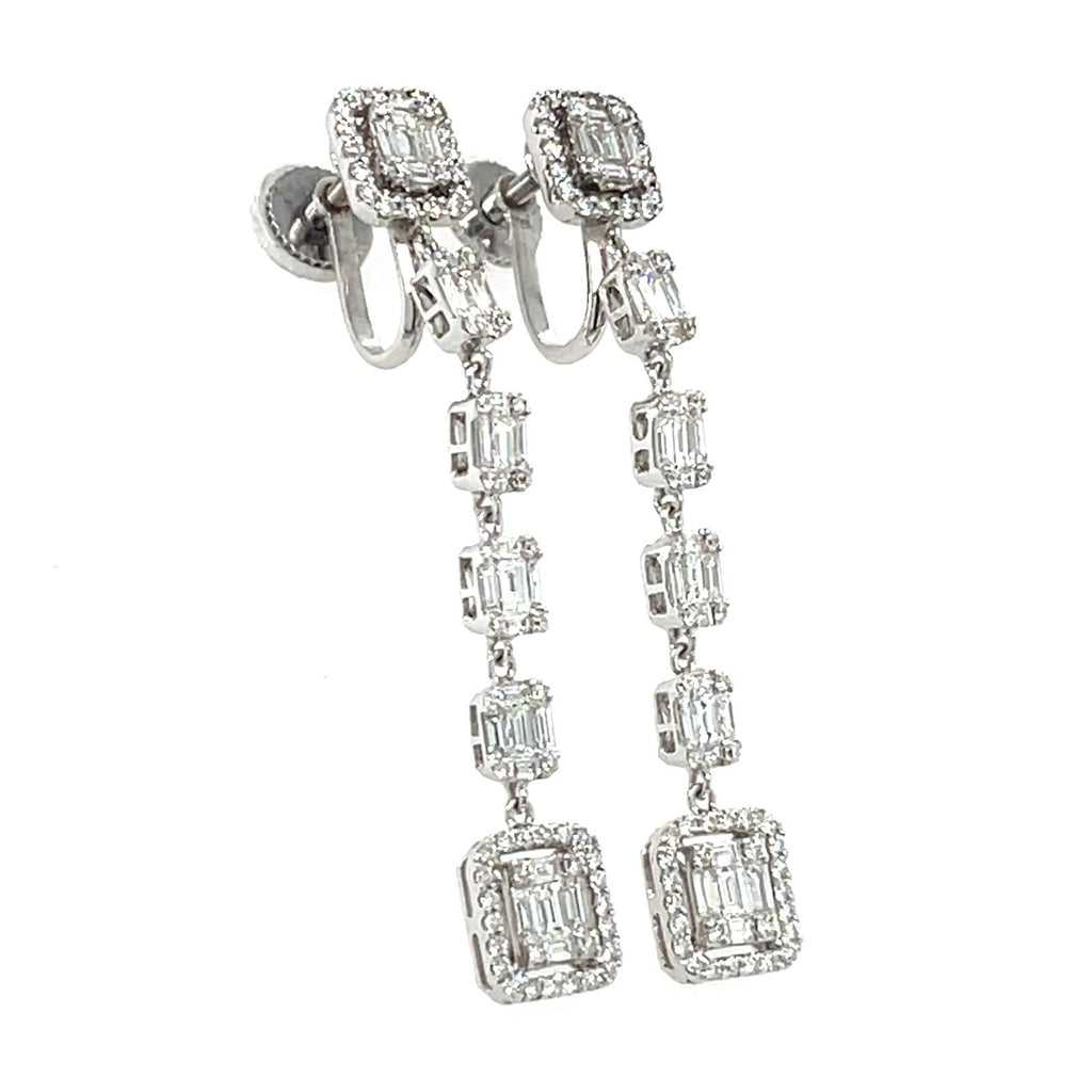 14k White Gold Clip-On Screwback Dangle Earrings w/ 4cts Baguette & Round Diamonds