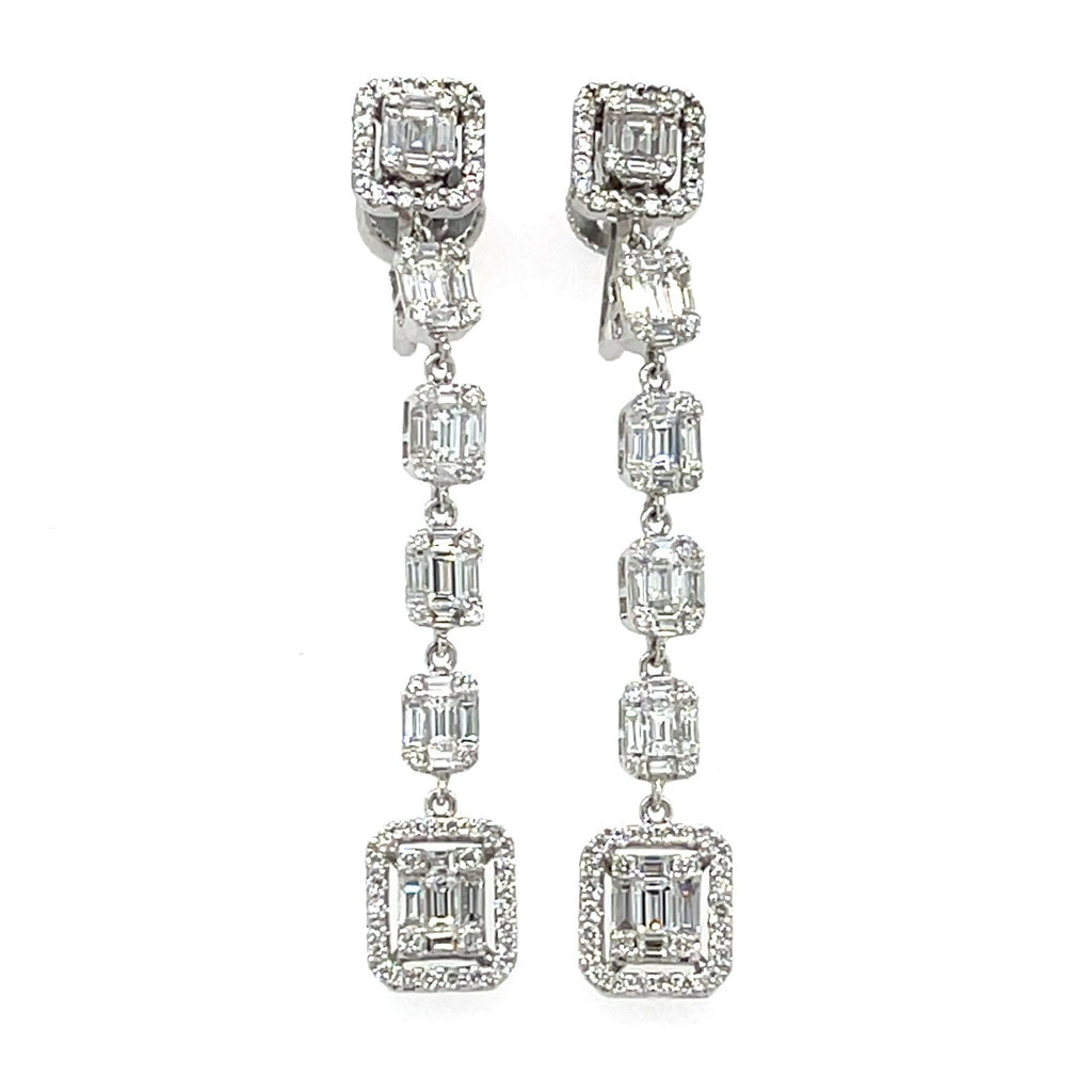 14k White Gold Clip-On Screwback Dangle Earrings w/ 4cts Baguette & Round Diamonds