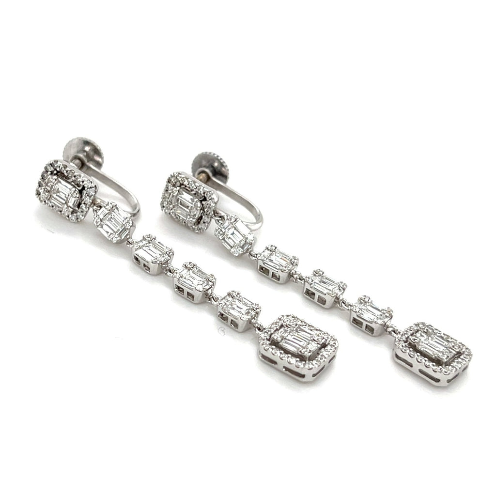 14k White Gold Clip-On Screwback Dangle Earrings w/ 4cts Baguette & Round Diamonds