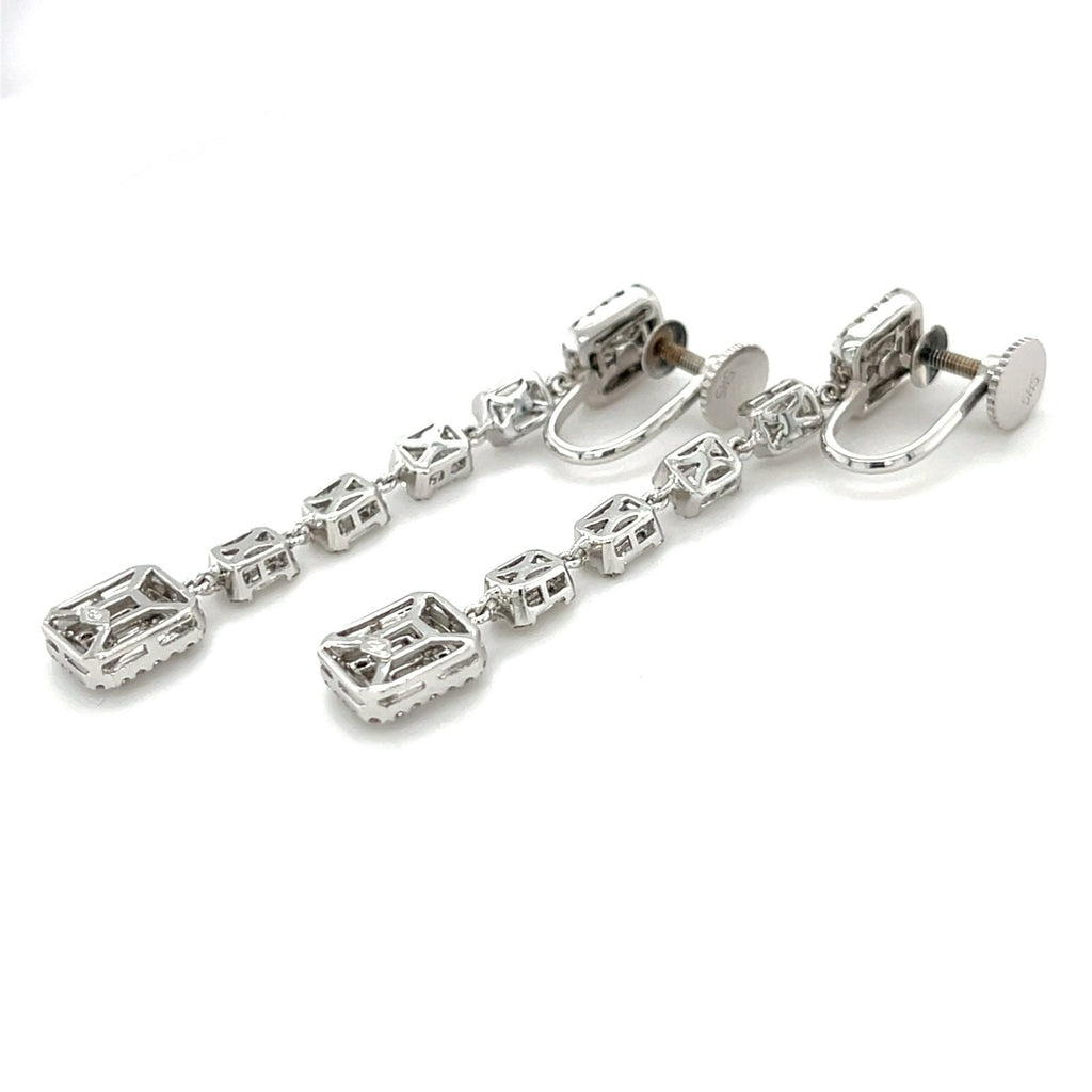 14k White Gold Clip-On Screwback Dangle Earrings w/ 4cts Baguette & Round Diamonds