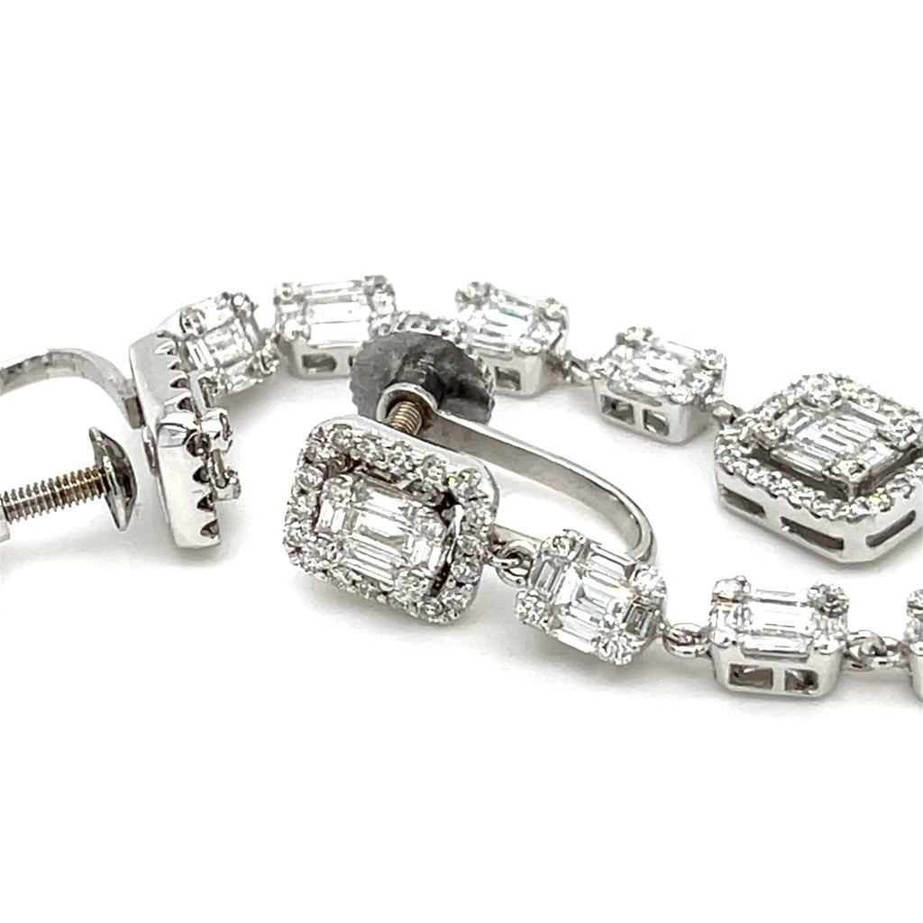 14k White Gold Clip-On Screwback Dangle Earrings w/ 4cts Baguette & Round Diamonds