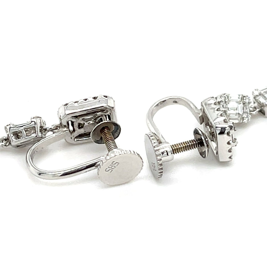 14k White Gold Clip-On Screwback Dangle Earrings w/ 4cts Baguette & Round Diamonds