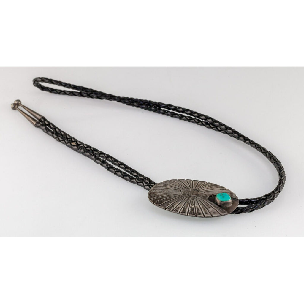Sterling Silver Sunburst Bolo Tie with Turquoise Accent Braided Leather