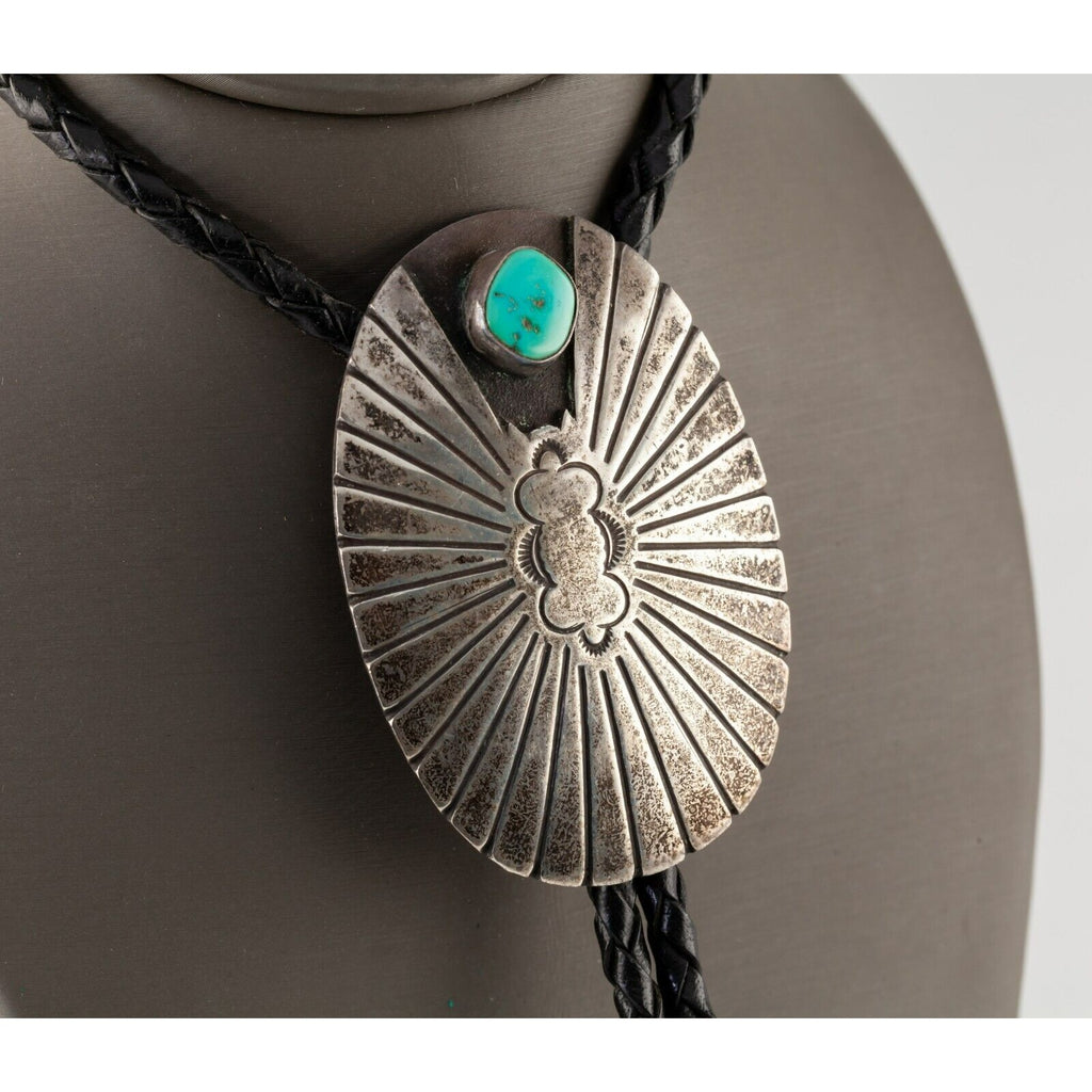 Sterling Silver Sunburst Bolo Tie with Turquoise Accent Braided Leather