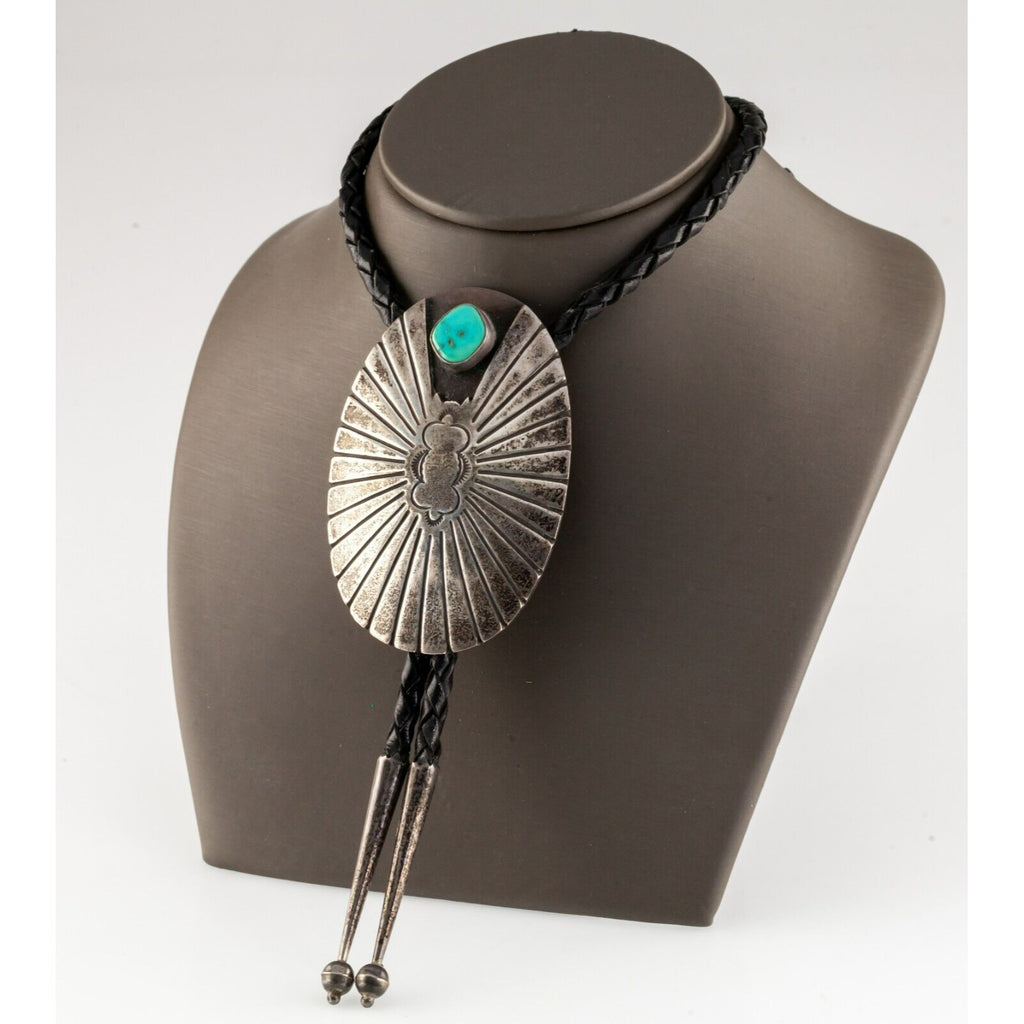 Sterling Silver Sunburst Bolo Tie with Turquoise Accent Braided Leather