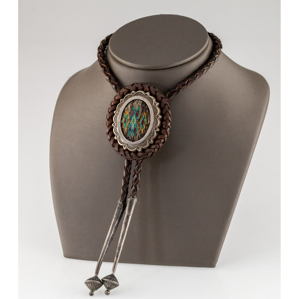 Unique Braided Leather Woven Strand Bolo Tie with Silver Bezel and Aglets