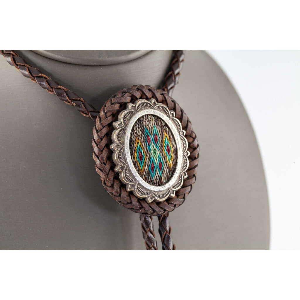 Unique Braided Leather Woven Strand Bolo Tie with Silver Bezel and Aglets