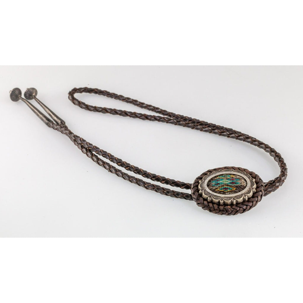 Unique Braided Leather Woven Strand Bolo Tie with Silver Bezel and Aglets
