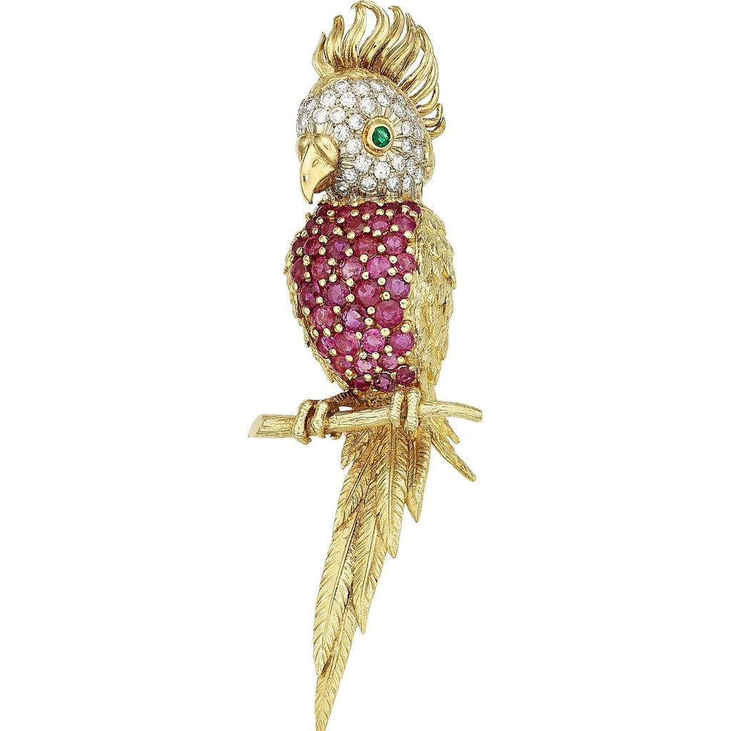 18k Yellow Gold Bird Cockatoo Brooch with Ruby, Diamond, and Emerald