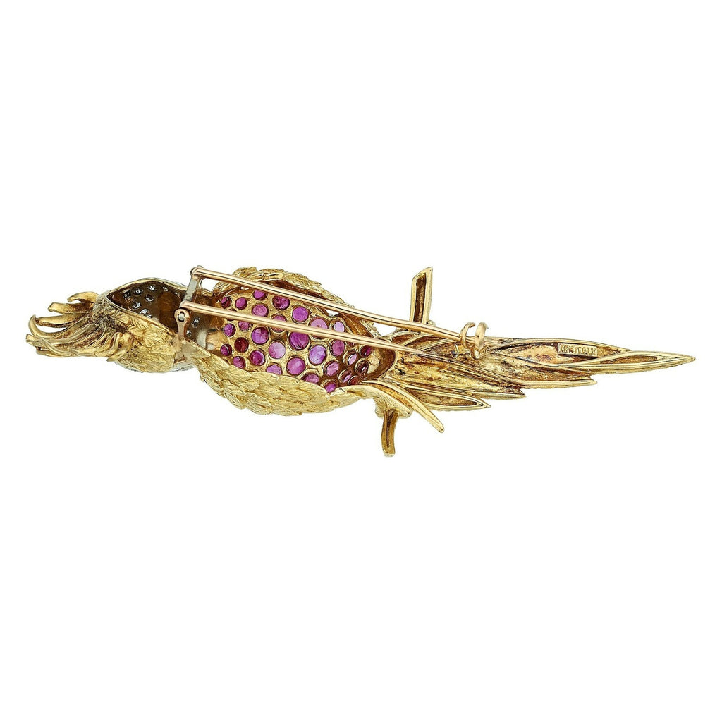 18k Yellow Gold Bird Cockatoo Brooch with Ruby, Diamond, and Emerald