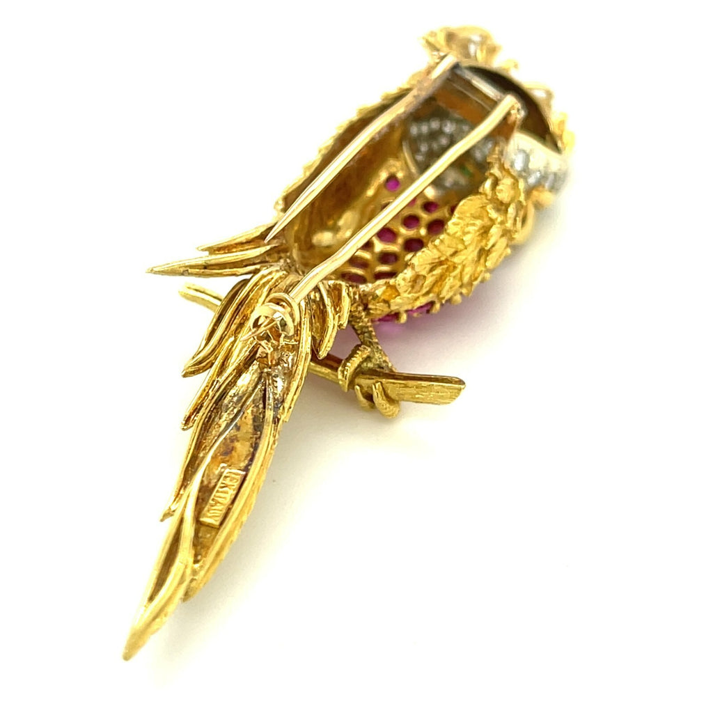 18k Yellow Gold Bird Cockatoo Brooch with Ruby, Diamond, and Emerald