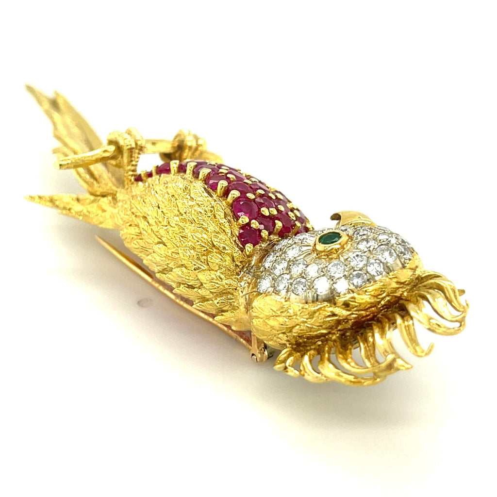 18k Yellow Gold Bird Cockatoo Brooch with Ruby, Diamond, and Emerald