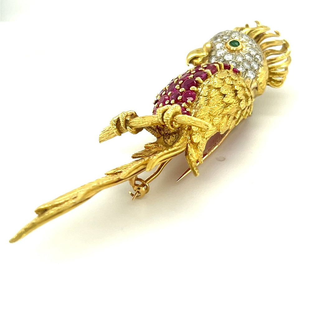 18k Yellow Gold Bird Cockatoo Brooch with Ruby, Diamond, and Emerald