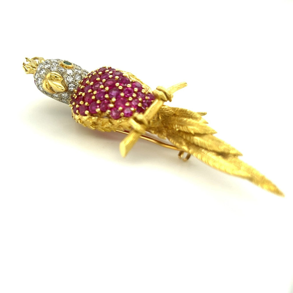 18k Yellow Gold Bird Cockatoo Brooch with Ruby, Diamond, and Emerald
